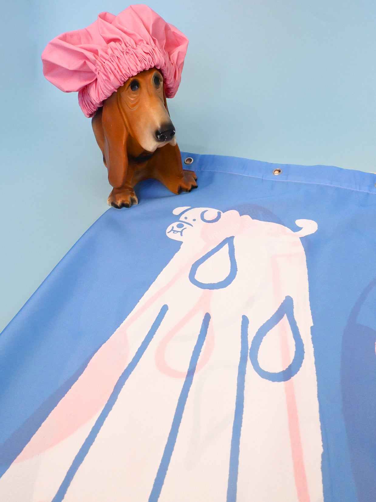 Part of the "Wet Dogs" bath collection by illustrator Natali Koromoto. "Wet Dogs" shower curtain.