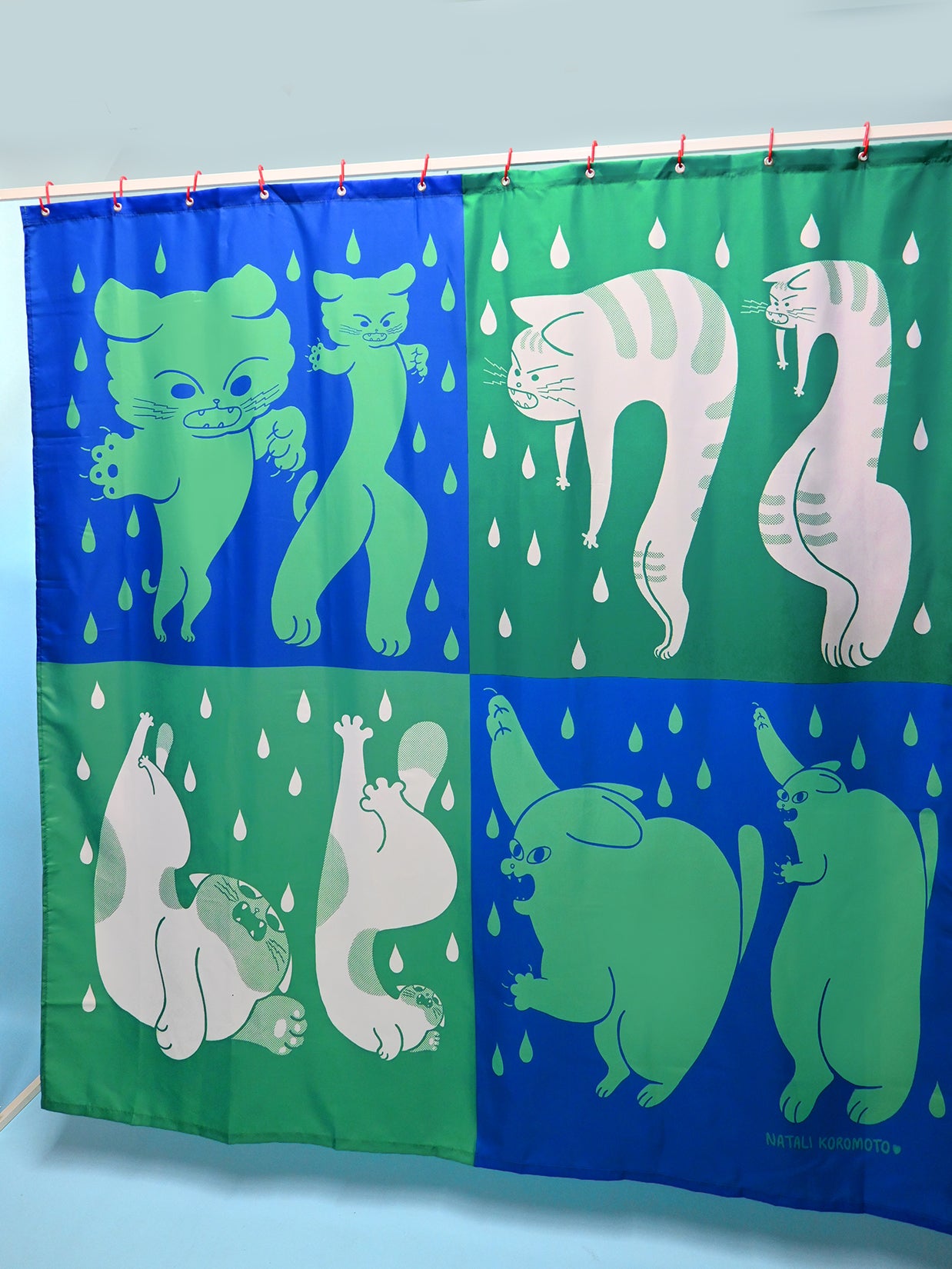 Part of the "Dry Cats" bath collection by illustrator Natali Koromoto. "Dry Cats" shower curtain.