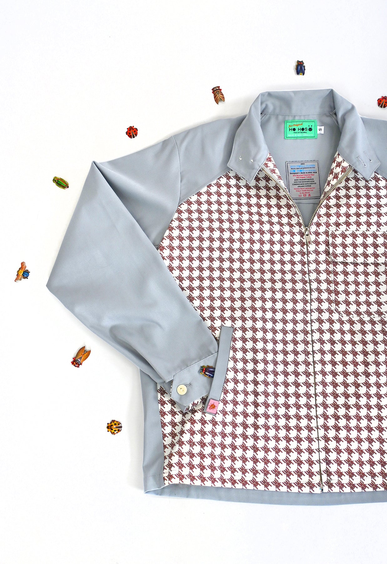 "Beetletooth" print Jacket design by Natali Koromoto's in-house clothing brand Ho Hos Hole in The Wall. Made in NYC with Eco-Twill, a combo organic cotton and polyester spun from recycled water and soda bottles.