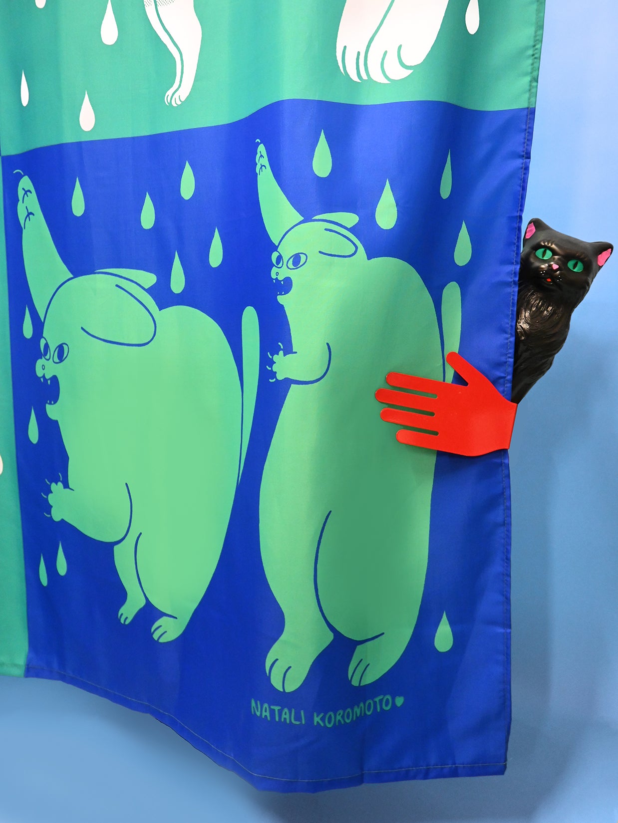 Part of the "Dry Cats" bath collection by illustrator Natali Koromoto. "Dry Cats" shower curtain.
