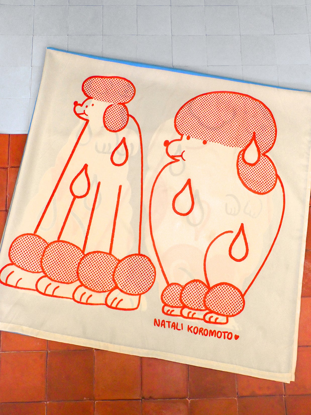 Part of the "Wet Dogs" bath collection by illustrator Natali Koromoto. "Wet Dogs" shower curtain.