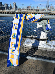 "The Passengers" Jumbo scarf -Design by Natali Koromoto. Inspired by travels on the Japanese Shinkansen bullet train. Scarf knit in Long Island, New York. 50/50 Rec. Poly + Rec. Cotton.