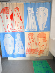 Part of the "Wet Dogs" bath collection by illustrator Natali Koromoto. "Wet Dogs" shower curtain.