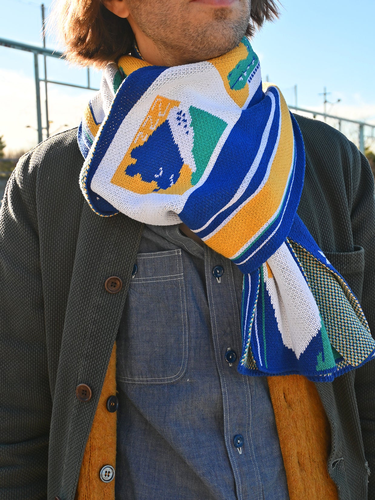"The Passengers" Jumbo scarf -Design by Natali Koromoto. Inspired by travels on the Japanese Shinkansen bullet train. Scarf knit in Long Island, New York. 50/50 Rec. Poly + Rec. Cotton.