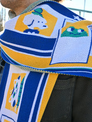 "The Passengers" Jumbo scarf -Design by Natali Koromoto. Inspired by travels on the Japanese Shinkansen bullet train. Scarf knit in Long Island, New York. 50/50 Rec. Poly + Rec. Cotton.
