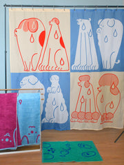 Part of the "Wet Dogs" bath collection by illustrator Natali Koromoto. "Wet Dogs" shower curtain.
