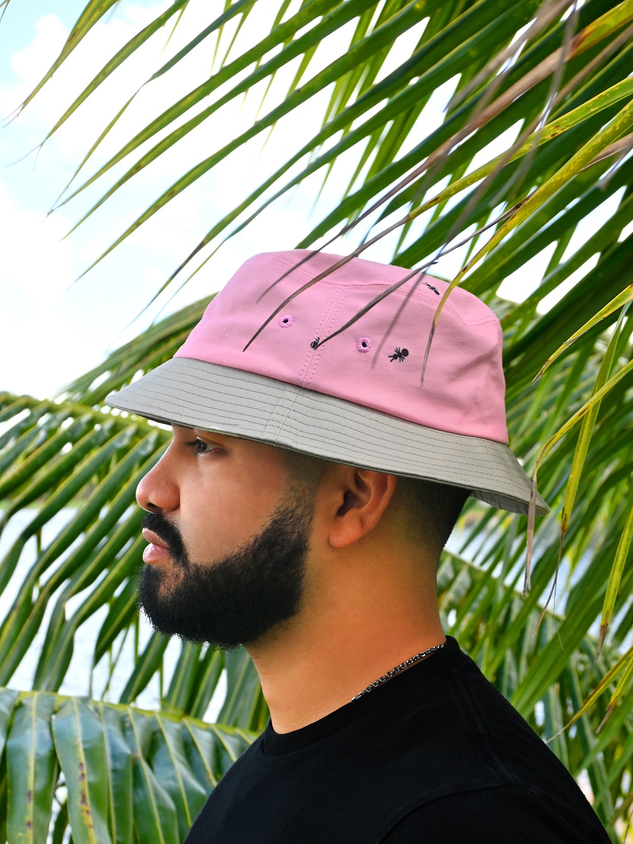 Natali Koromoto x HO HOS HOLE IN THE WALL brands "Ants on Your Hat"  print design bucket hat in Pink Lemonade and Pearl Grey dye colorway fabric combo