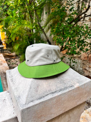Natali Koromoto x HO HOS HOLE IN THE WALL brands "Ants on Your Hat"  print design bucket hat in Pearl Grey and Avocado Green dye colorway organic cotton fabric combo