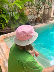 Natali Koromoto x HO HOS HOLE IN THE WALL brands "Ants on Your Hat"  print design bucket hat in Pink Lemonade and Pearl Grey dye colorway fabric combo
