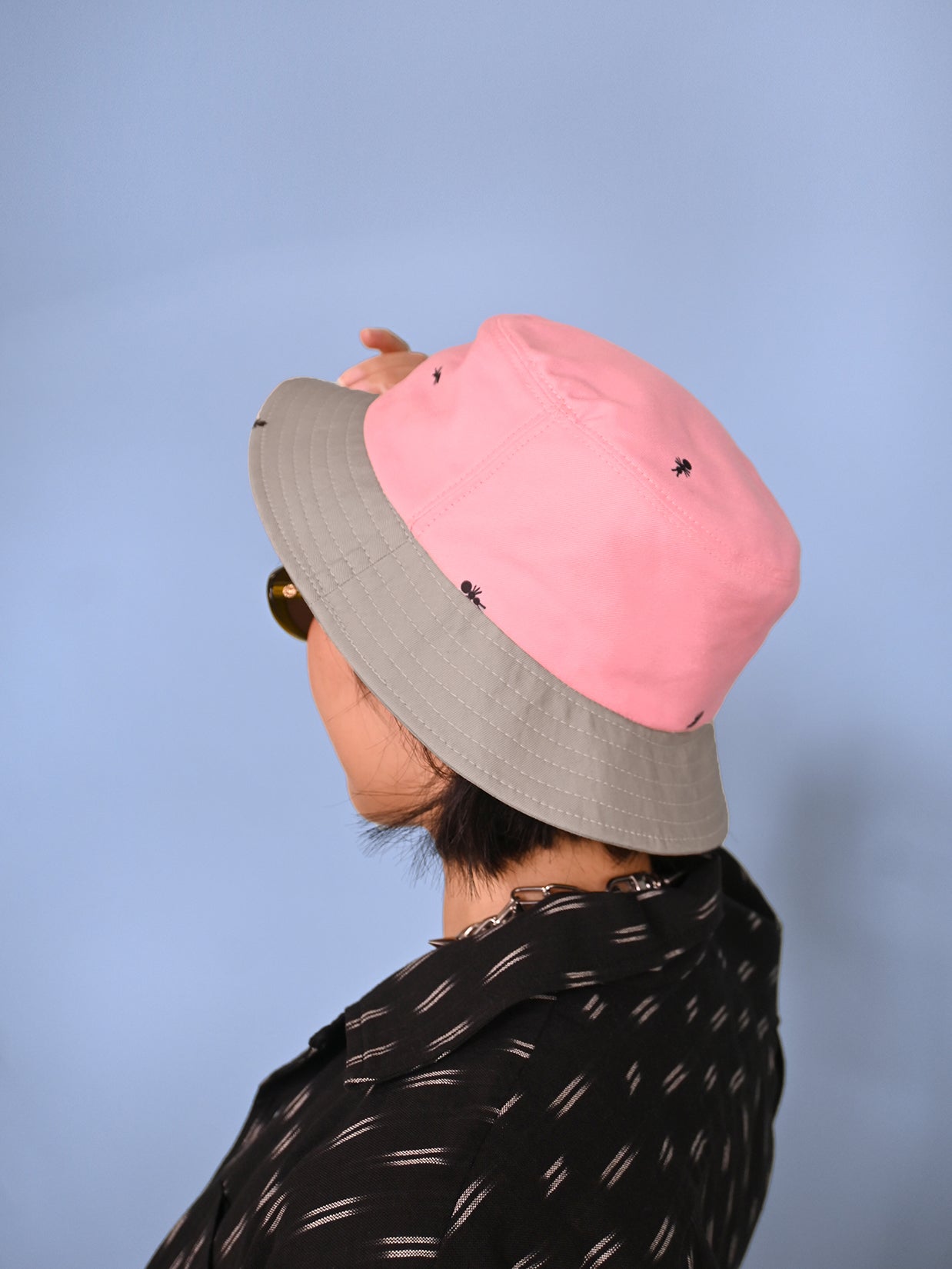 Natali Koromoto x HO HOS HOLE IN THE WALL brands "Ants on Your Hat"  print design bucket hat in Pink Lemonade and Pearl Grey dye colorway fabric combo