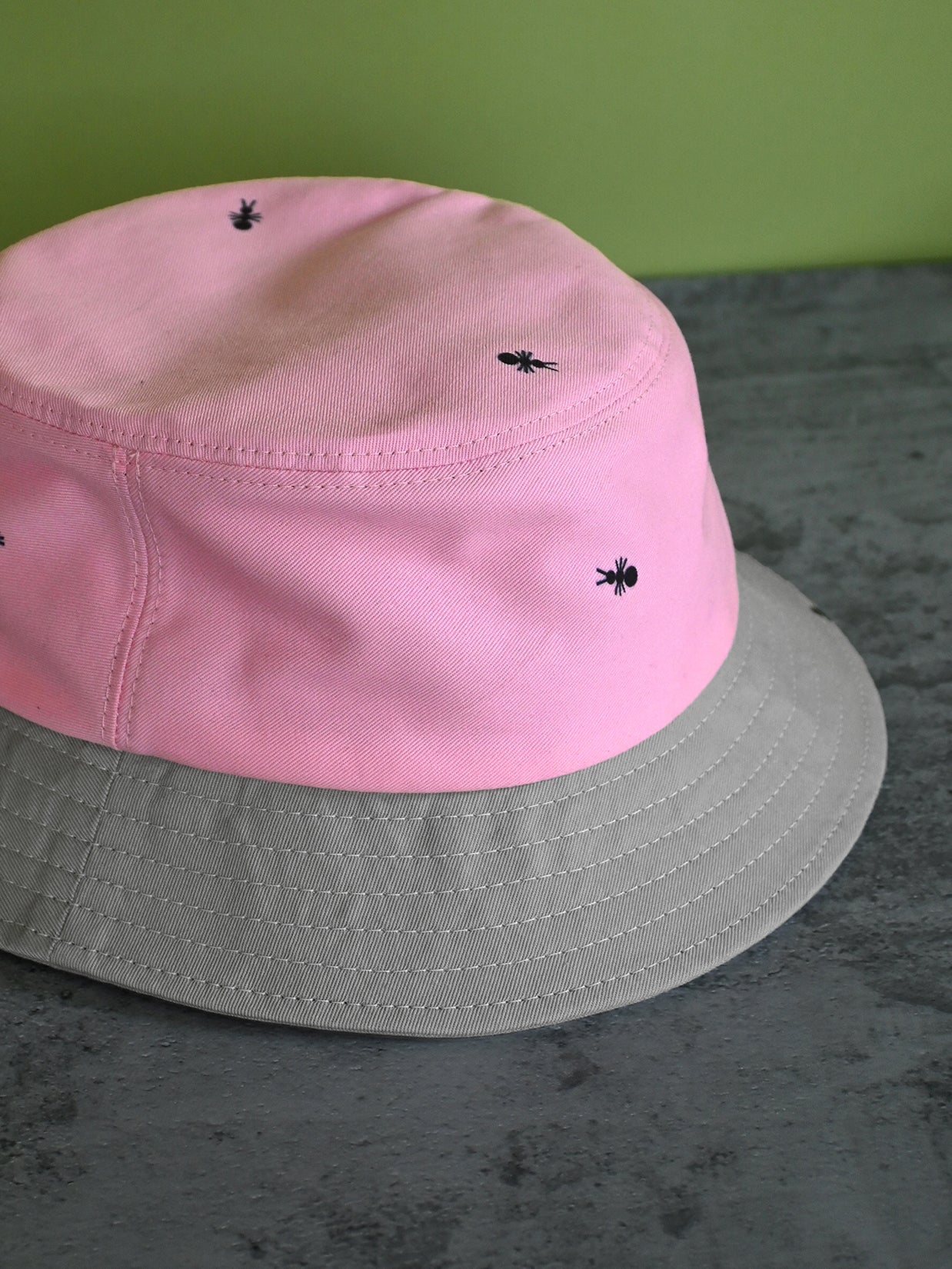 Natali Koromoto x HO HOS HOLE IN THE WALL brands "Ants on Your Hat"  print design bucket hat in Pink Lemonade and Pearl Grey dye colorway fabric combo
