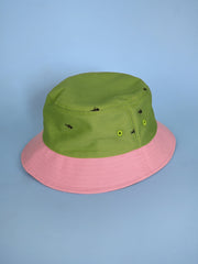 Natali Koromoto x HO HOS HOLE IN THE WALL brand "Ants on Your Hat" printed bucket hat in Avocado Green and True Pink dye colorway combo