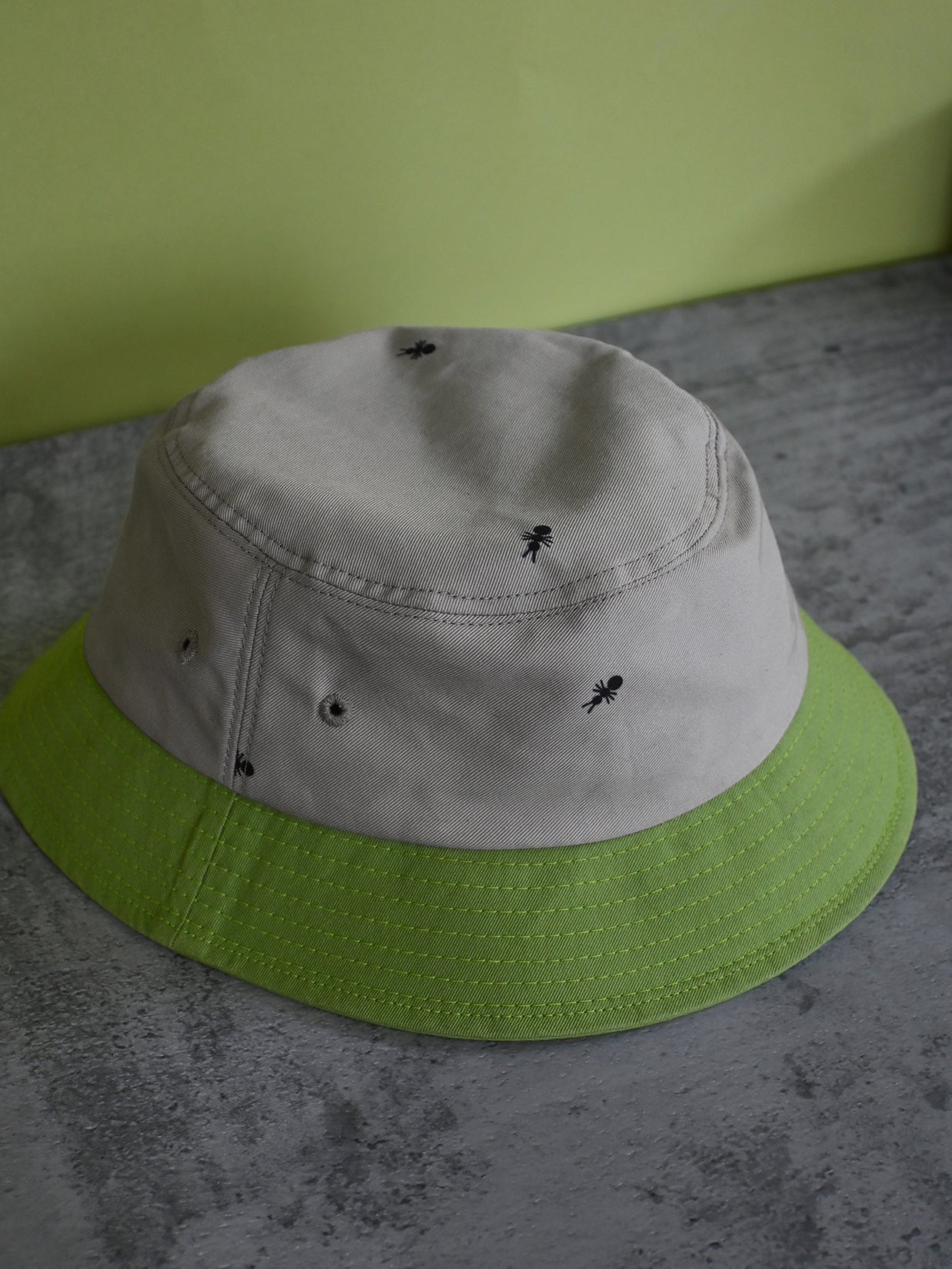 Natali Koromoto x HO HOS HOLE IN THE WALL brands "Ants on Your Hat"  print design bucket hat in Pearl Grey and Avocado Green dye colorway organic cotton fabric combo