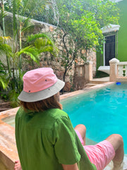 Natali Koromoto x HO HOS HOLE IN THE WALL brands "Ants on Your Hat"  print design bucket hat in Pink Lemonade and Pearl Grey dye colorway fabric combo