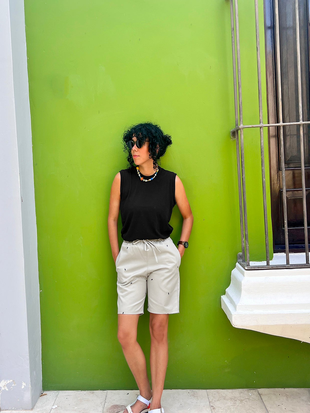 HO HOS HOLE IN THE WALL brand "Ants on Your Pants" Shorts. Design by Natali Koromoto. Avocado colorway