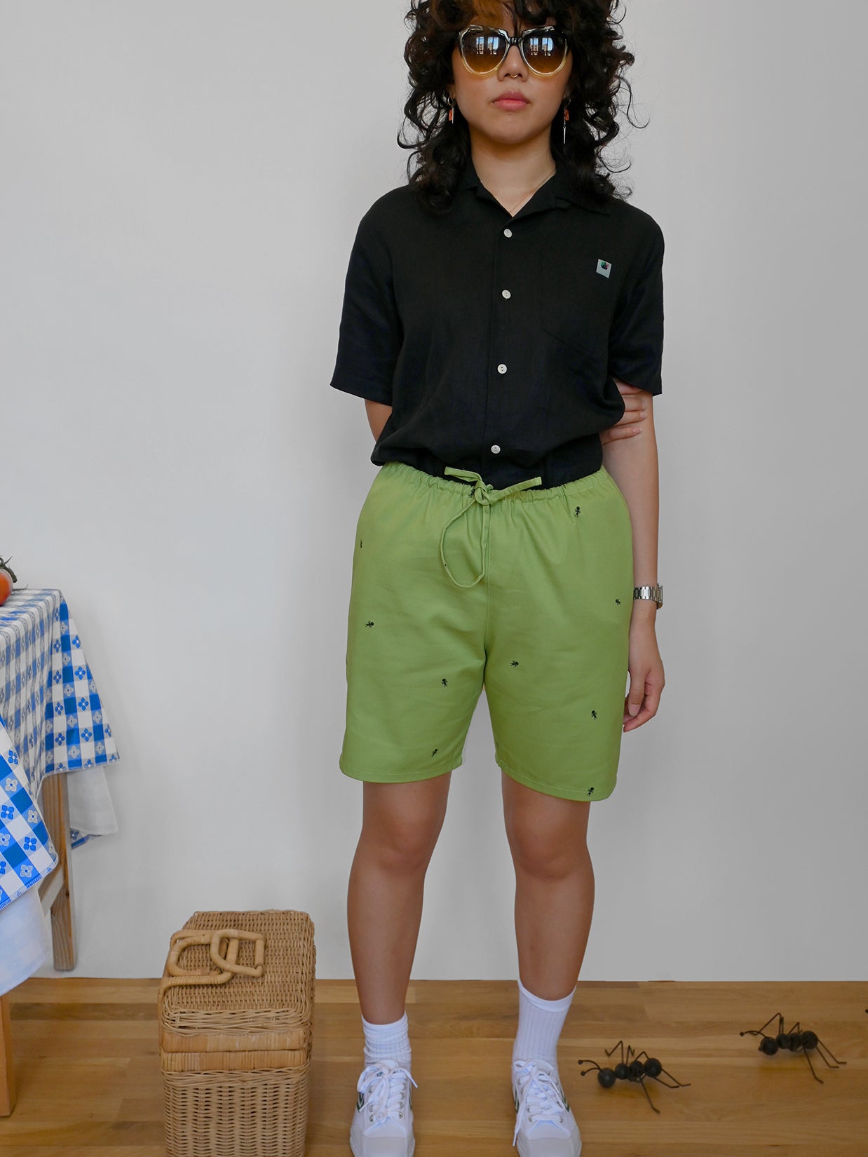 HO HOS HOLE IN THE WALL brand "Ants on Your Pants" Shorts. Design by Natali Koromoto. Avocado colorway