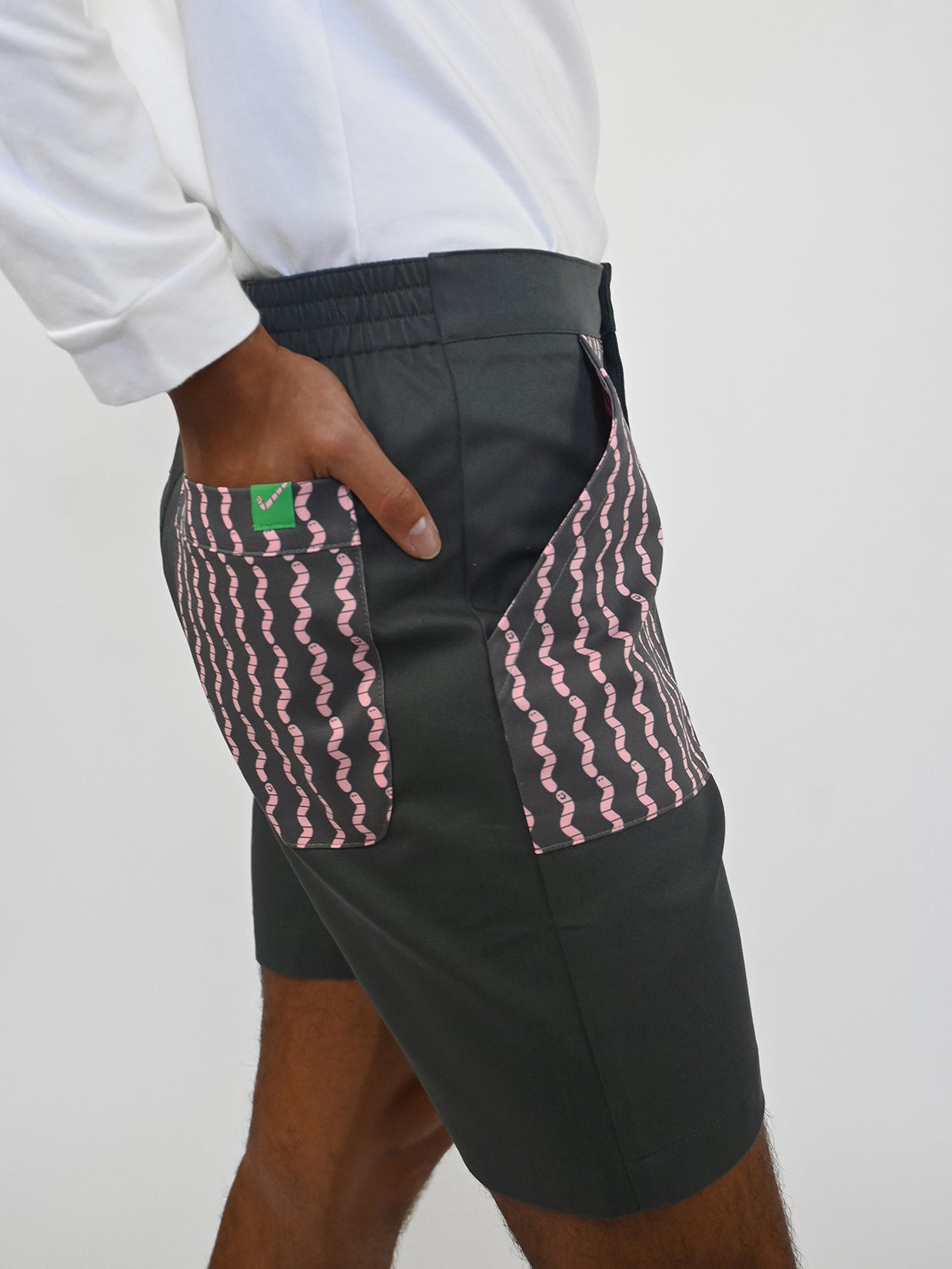 HO HOS HOLE IN THE WALL brand "Pockets Full of Worms" Shorts. Design by Natali Koromoto.