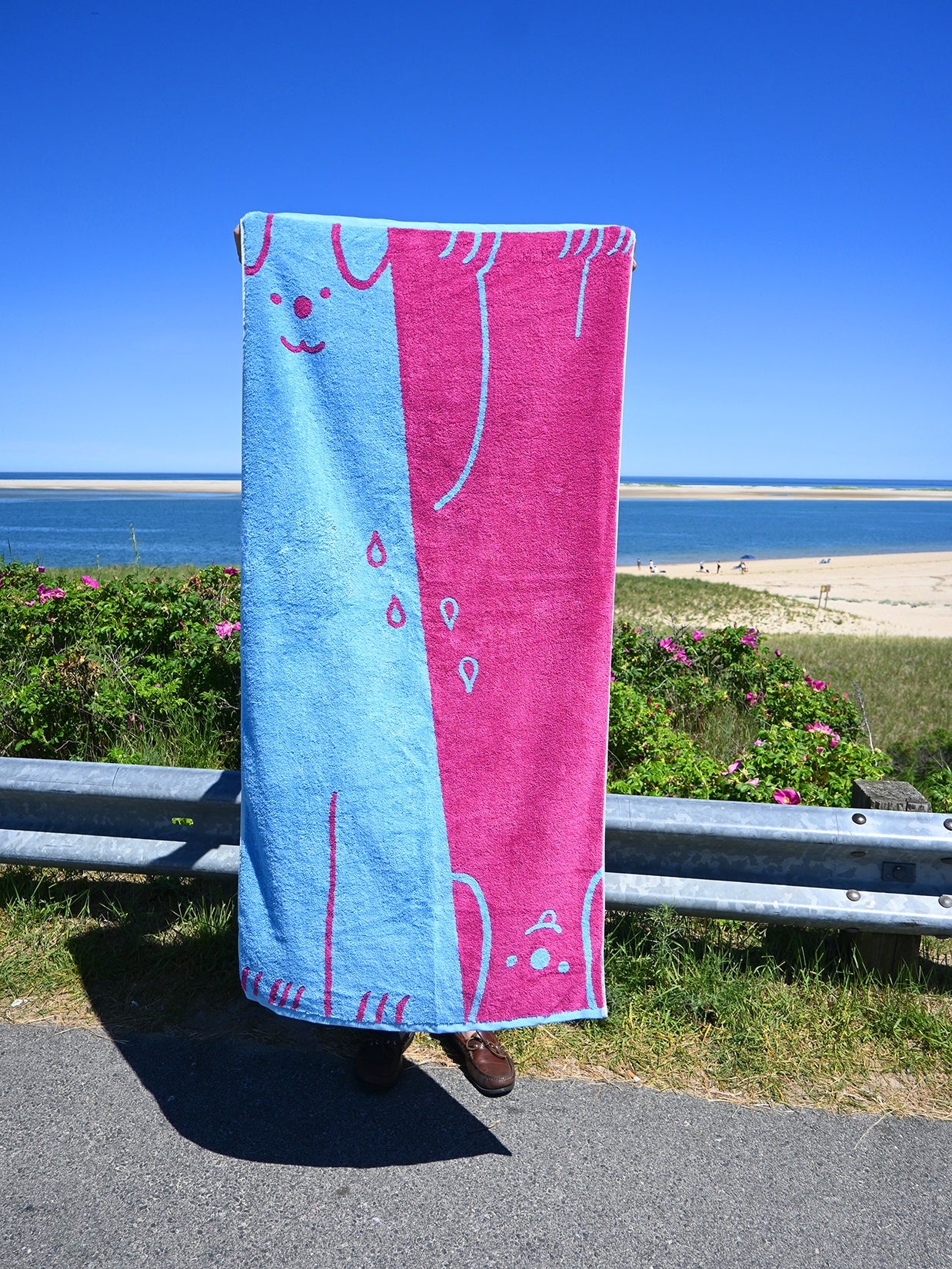 "WET DOGS" collection of bath towel, bathmat, and shower curtain. By illustrator/designer Natali Koromoto.