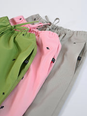 Natali Koromoto x HO HOS HOLE IN THE WALL brands "Ants on Your Pants"  print design lounge pull-on pants in Avocado green dye colorway. 100% organic cotton twill.