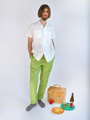 Natali Koromoto x HO HOS HOLE IN THE WALL brands "Ants on Your Pants"  print design lounge pull-on pants in Avocado green dye colorway. 100% organic cotton twill.