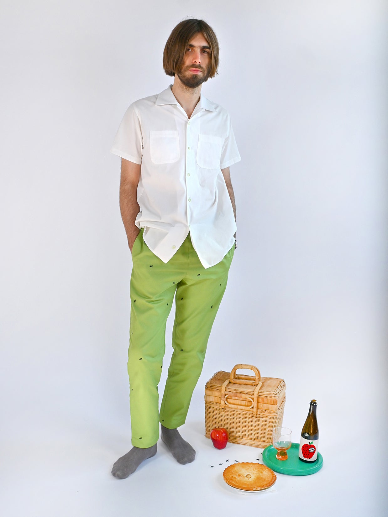Natali Koromoto x HO HOS HOLE IN THE WALL brands "Ants on Your Pants"  print design lounge pull-on pants in Avocado green dye colorway. 100% organic cotton twill.