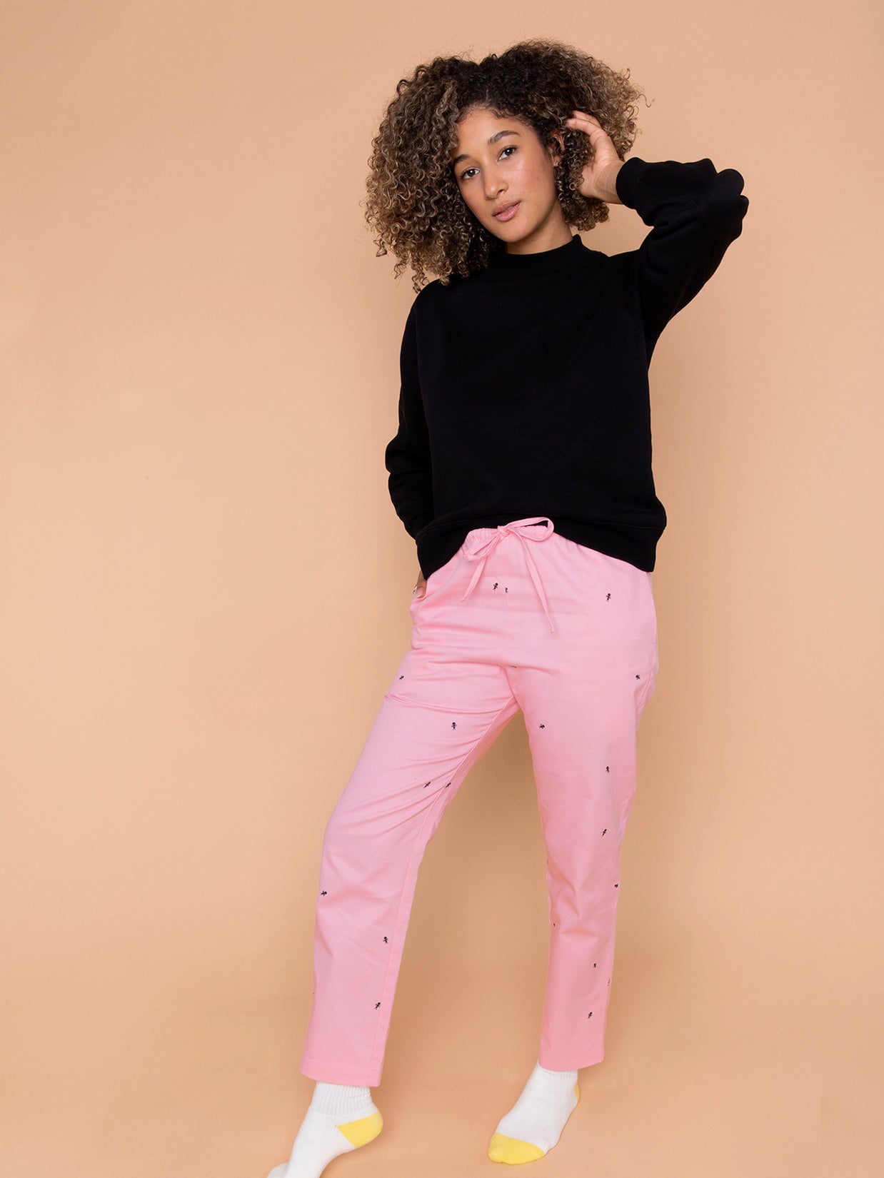 Natali Koromoto x Ho Hos Hole in The Wall brand "Ants on Your Pants" custom print design in Pink Lemonade dye colorway. Unisex regular fit lounge pull-on pant with elastic waist. USA-milled 100% organic cotton, dyed and printed with non-toxic, low-impact dyes and inks. Machine wash OK. Sizes 2XS-3XL. Made in NYC.