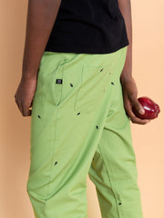 Natali Koromoto x HO HOS HOLE IN THE WALL brands "Ants on Your Pants"  print design lounge pull-on pants in Avocado green dye colorway. 100% organic cotton twill.