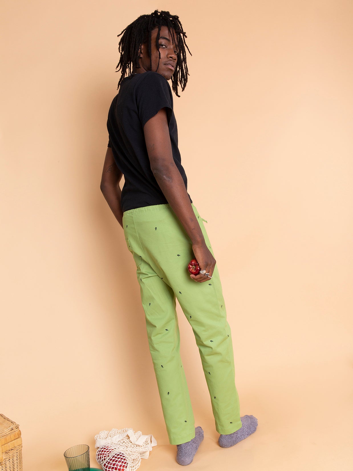 Natali Koromoto x HO HOS HOLE IN THE WALL brands "Ants on Your Pants"  print design lounge pull-on pants in Avocado green dye colorway. 100% organic cotton twill.