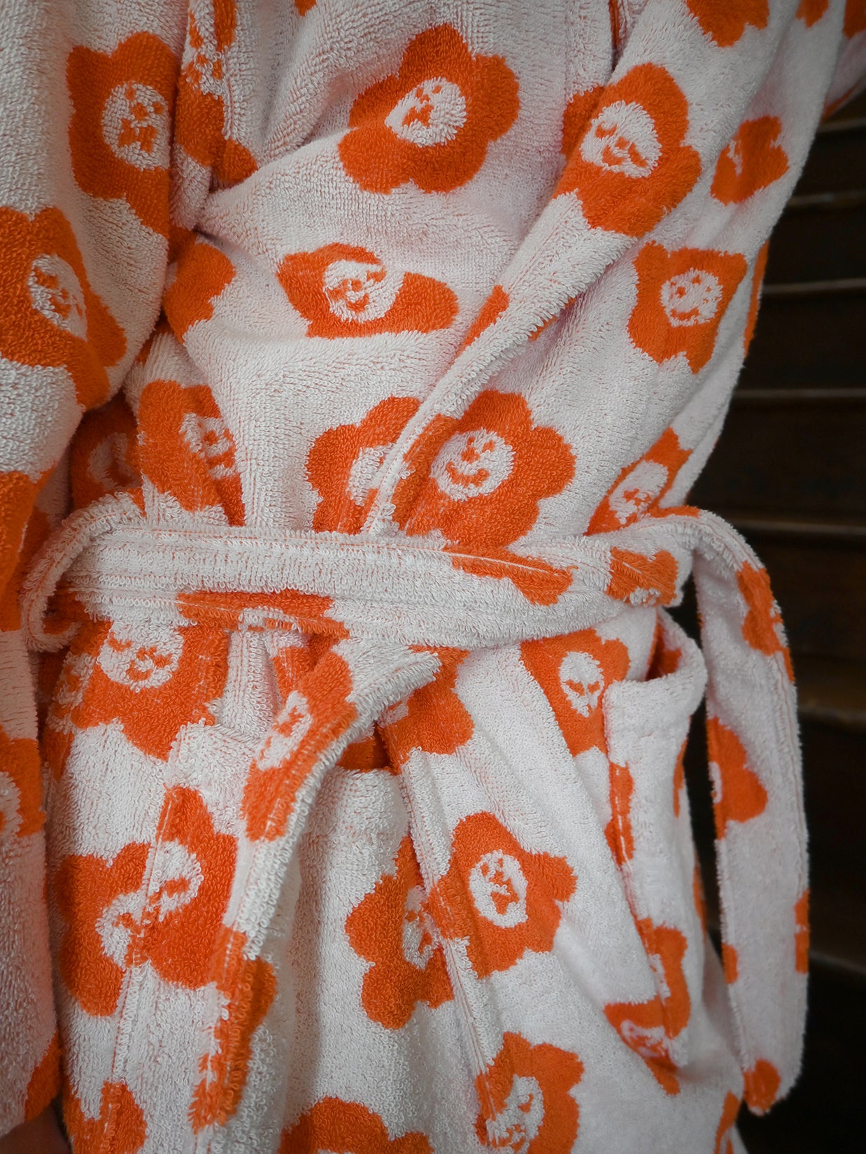 "Flower Friends" Daisy Bathrobe. Terrycloth. Design by Natali Koromoto NYC. Made in Portugal