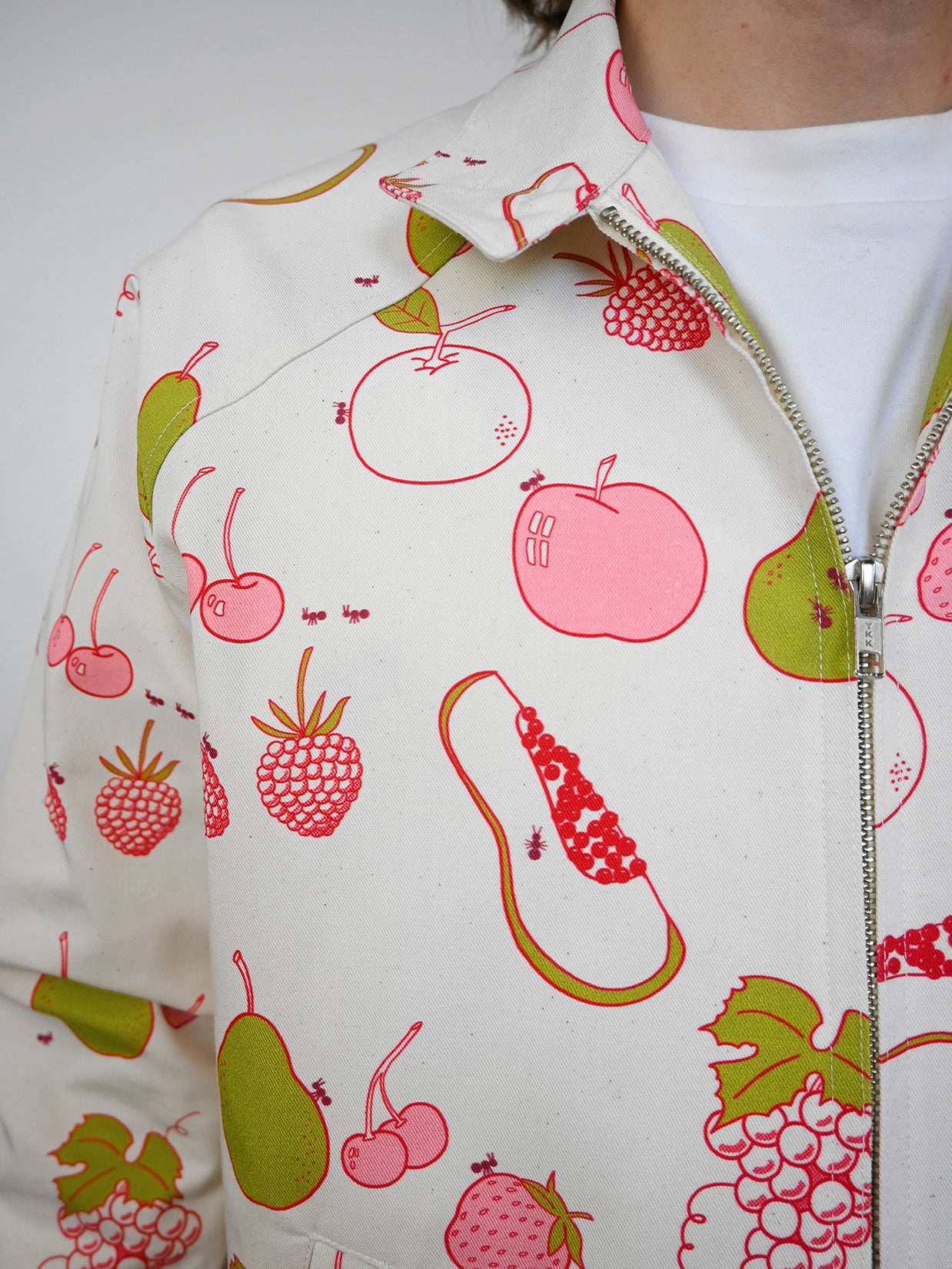"All over Fruit" print Jacket. Designed by Natali Koromoto's in-house clothing brand Ho Hos Hole in The Wall. Made in NYC with Eco-Twill, a combo organic cotton and polyester spun from recycled water and soda bottles.