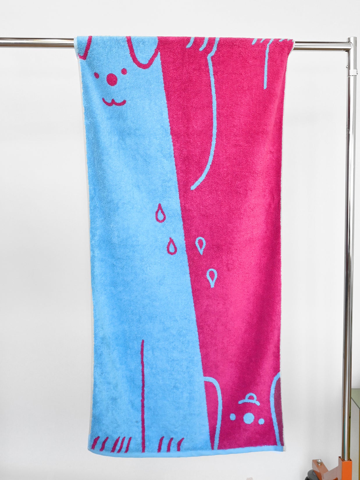 "WET DOGS" collection of bath towel, bathmat, and shower curtain. By illustrator/designer Natali Koromoto.