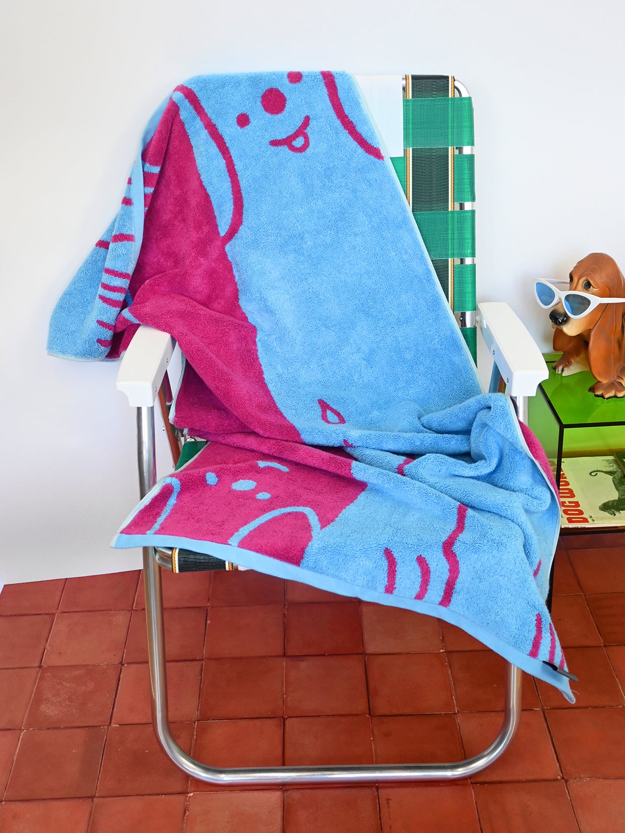 "WET DOGS" collection of bath towel, bathmat, and shower curtain. By illustrator/designer Natali Koromoto.