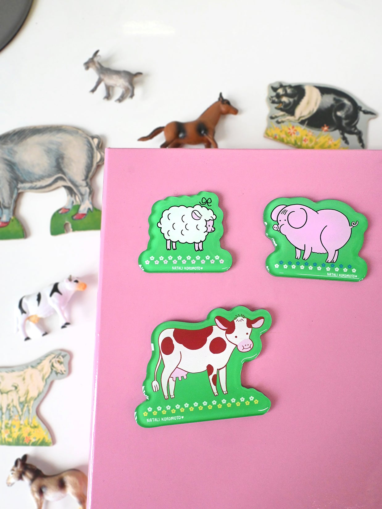 "Farm Girlies" Acrylic Magnets. Design by Natali Koromoto Martinez.