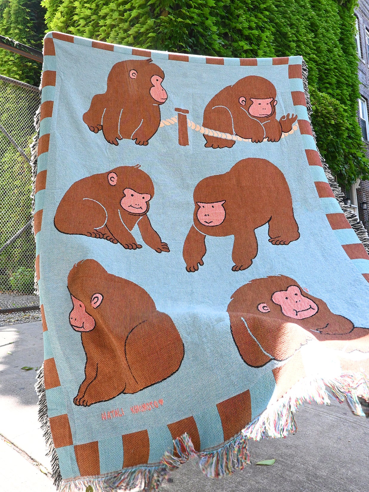 "Macaques!" Throw blanket. Design by Natali Koromoto NYC