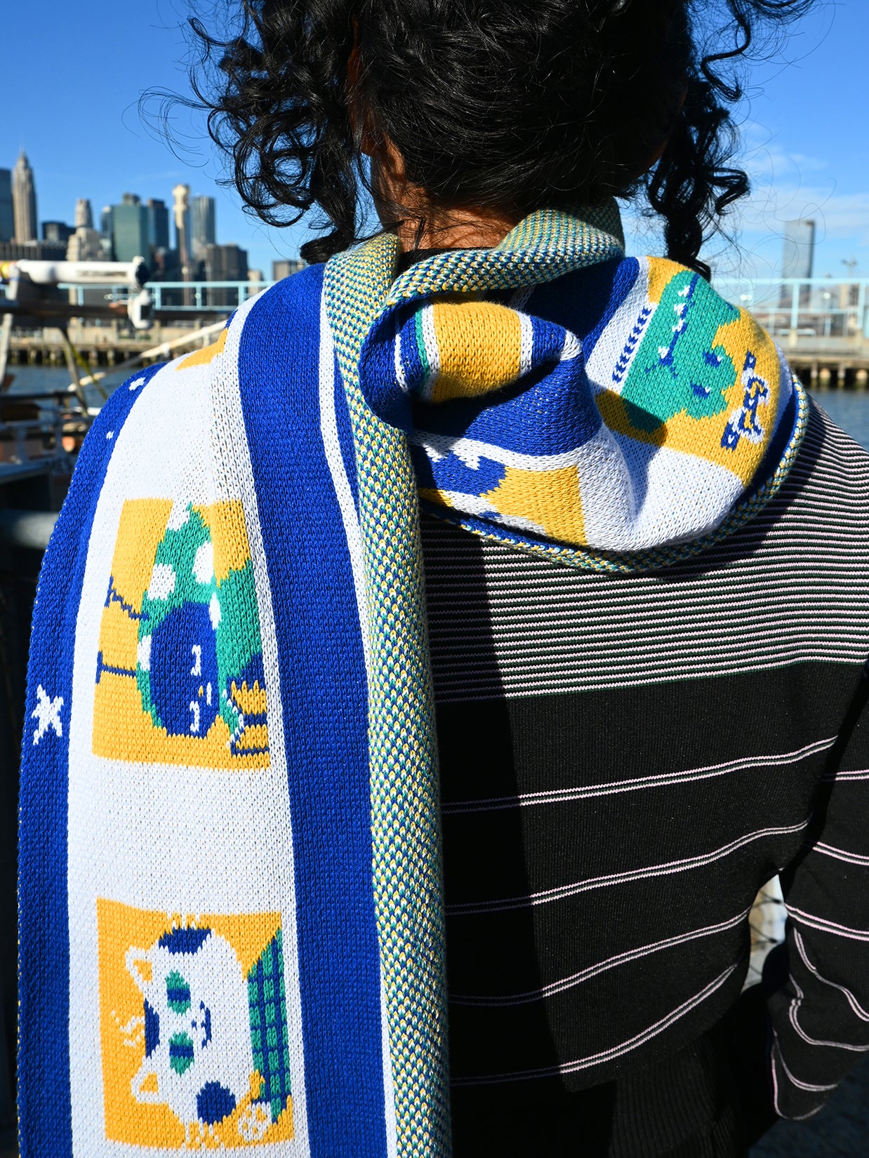 "The Passengers" Jumbo scarf -Design by Natali Koromoto. Inspired by travels on the Japanese Shinkansen bullet train. Scarf knit in Long Island, New York. 50/50 Rec. Poly + Rec. Cotton.