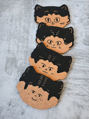 "Cat Person" set of four cork coasters. Design by illustrator Natalí Koromoto Martínez.