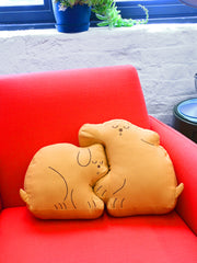 Natali Koromoto "Perfect Nap" design Throw pillows set in "Golden" dye colorway.
