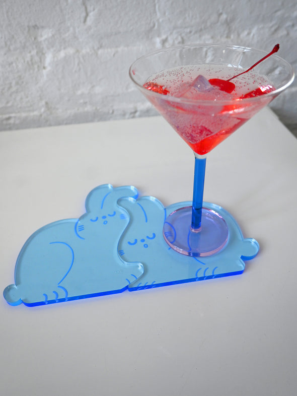Natali Koromoto designed "Perfect Nap" collection (RABBITS) Set of two acrylic coasters. Blue colorway.