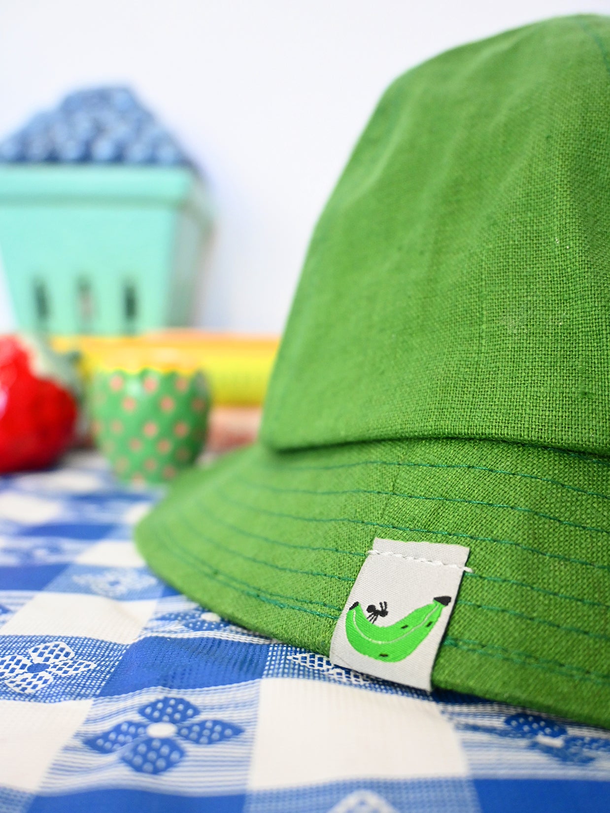 "Tutti-frutti" Linen bucket hats: Plantain, Blackberry, and Blueberry. Designed and made in NYC, USA by HO HOS HOLE IN THE WALL