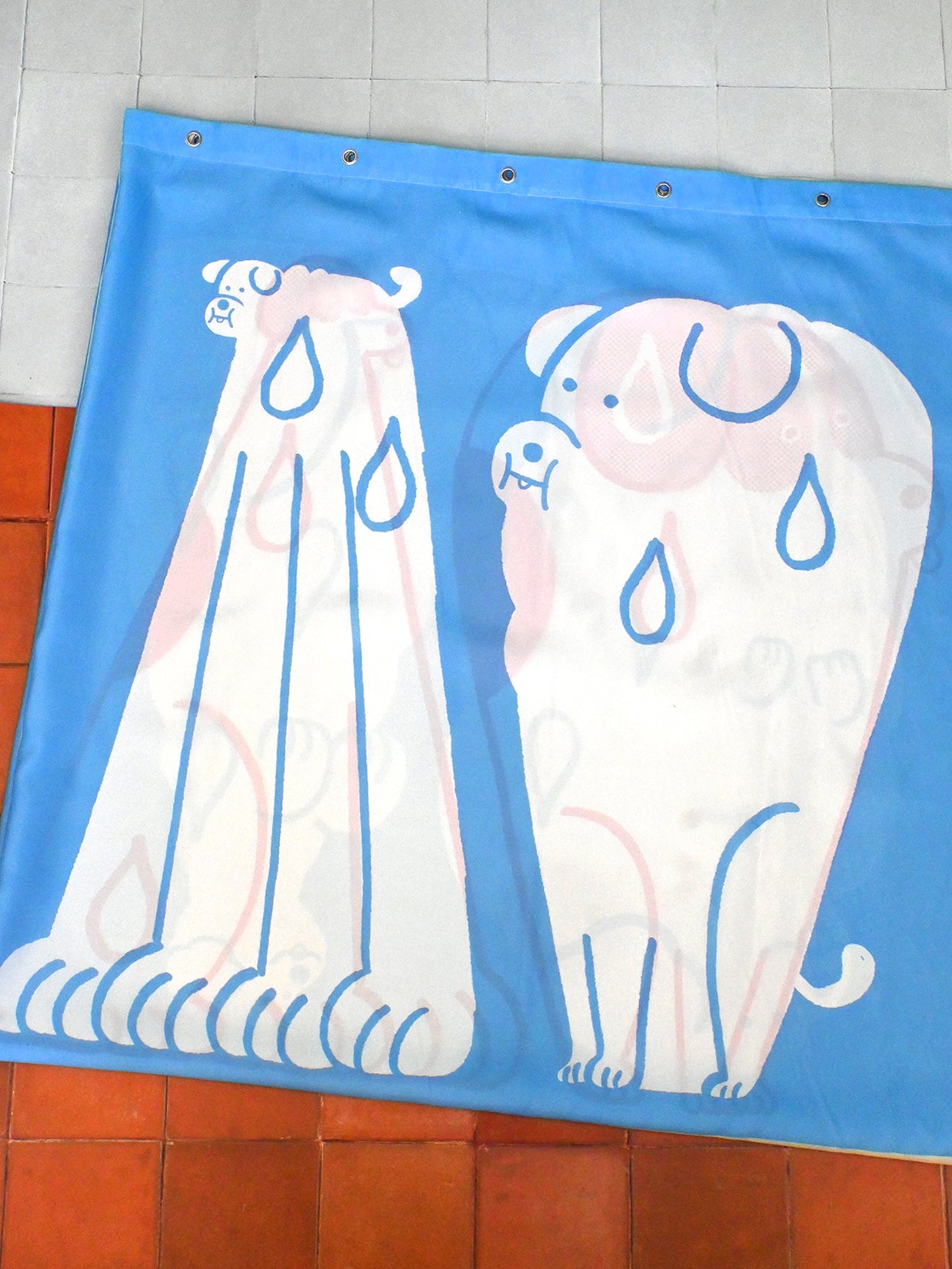 Part of the "Wet Dogs" bath collection by illustrator Natali Koromoto. "Wet Dogs" shower curtain.