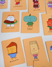 "Los Alfabetos" is a memory card matching game set of 26 pairs of Latin food characters. Designed by illustrator Natalí Koromoto Martínez.