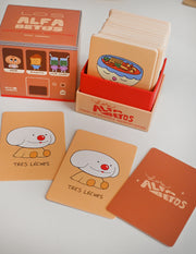 "Los Alfabetos" is a memory card matching game set of 26 pairs of Latin food characters. Designed by illustrator Natalí Koromoto Martínez.