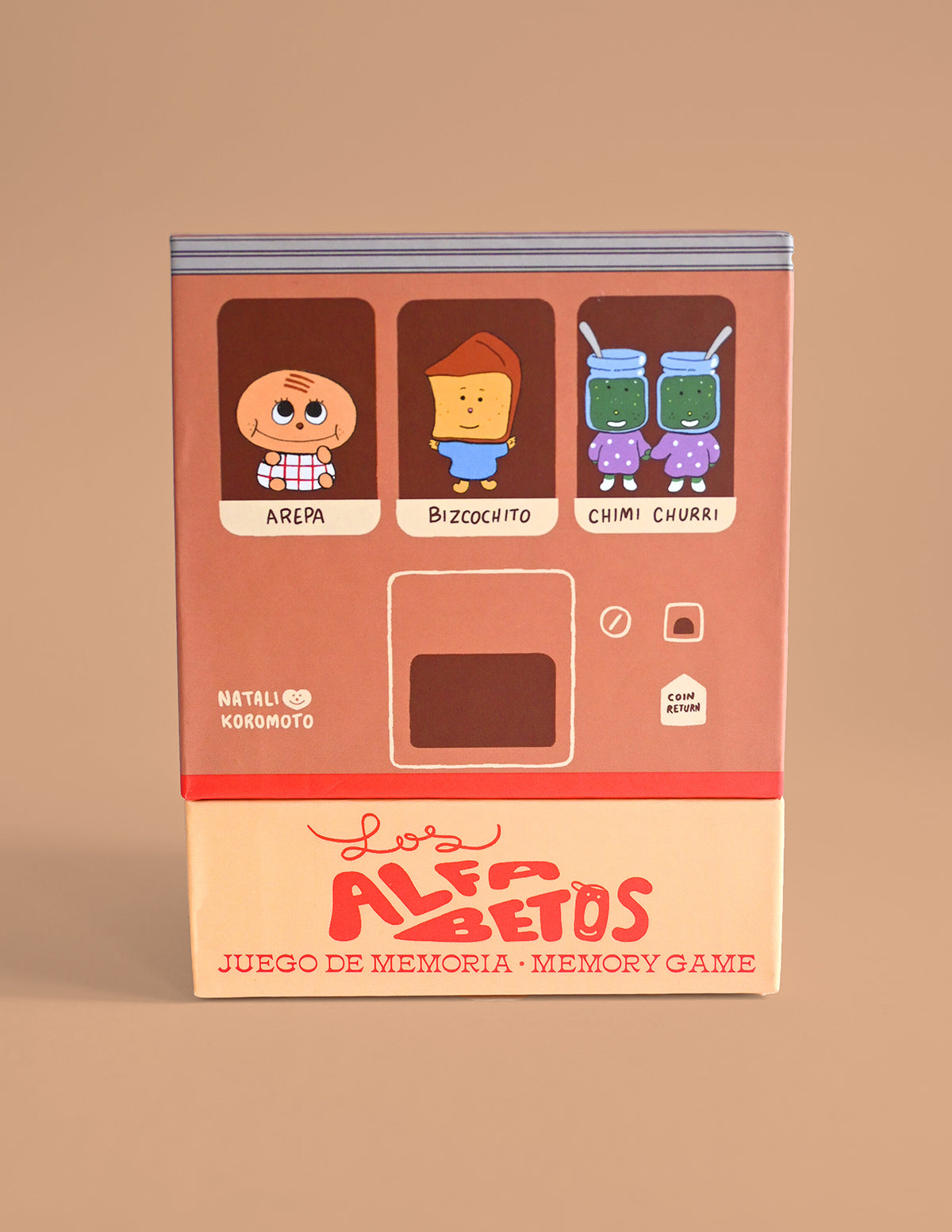 "Los Alfabetos" is a memory card matching game set of 26 pairs of Latin food characters. Designed by illustrator Natalí Koromoto Martínez.