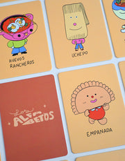"Los Alfabetos" is a memory card matching game set of 26 pairs of Latin food characters. Designed by illustrator Natalí Koromoto Martínez.