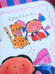 Cartoonish illustration of a leopard and a character with colorful bows on a striped background.