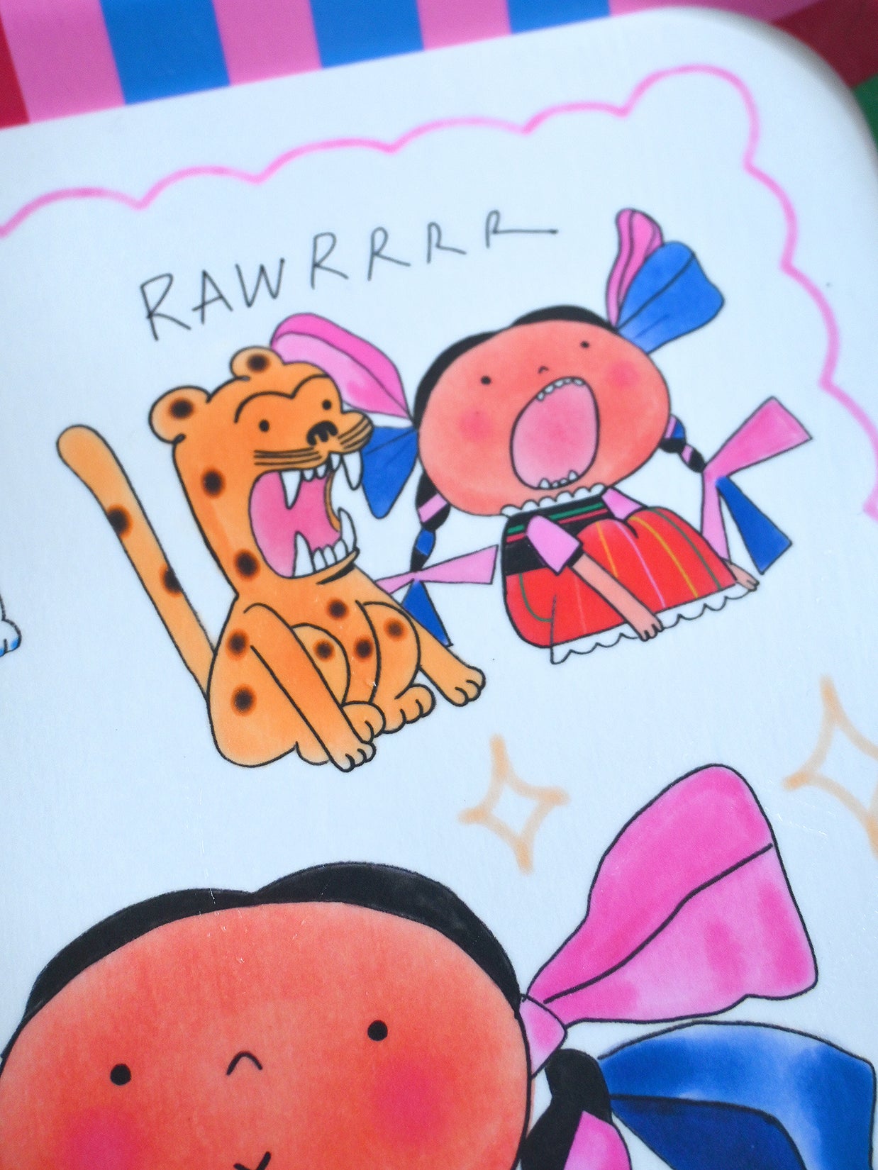 Cartoonish illustration of a leopard and a character with colorful bows on a striped background.
