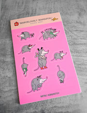 "Marvelously Marsupial" sticker sheet pack featuring 8 stickers. Designed by illustrator Natalí Koromoto Martínez.