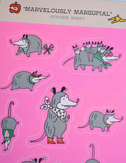 "Marvelously Marsupial" sticker sheet pack featuring 8 stickers. Designed by illustrator Natalí Koromoto Martínez.
