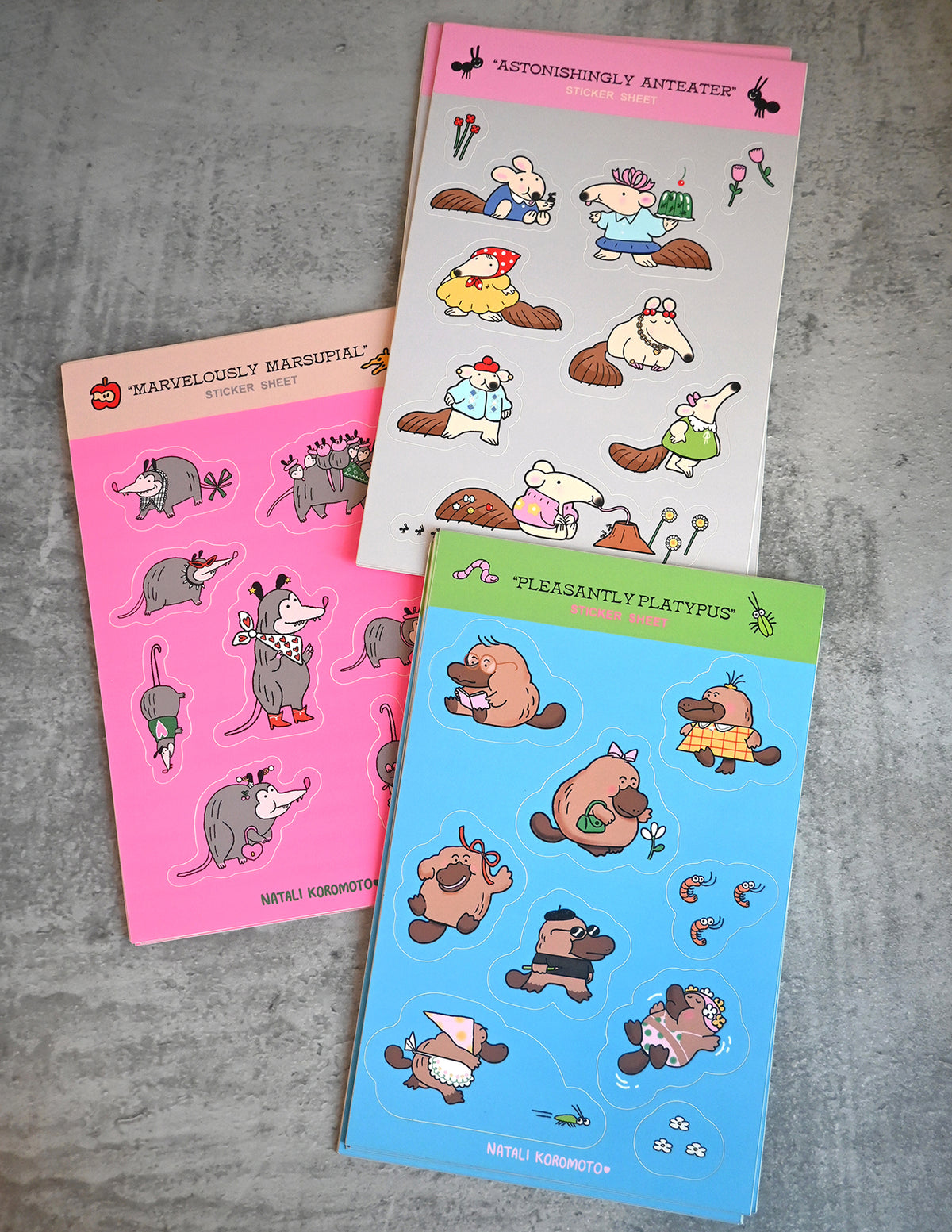 "Marvelously Marsupial" sticker sheet pack featuring 8 stickers. Designed by illustrator Natalí Koromoto Martínez.