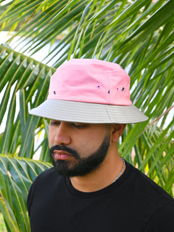 Natali Koromoto x HO HOS HOLE IN THE WALL brands "Ants on Your Hat"  print design bucket hat in Pink Lemonade and Pearl Grey dye colorway fabric combo